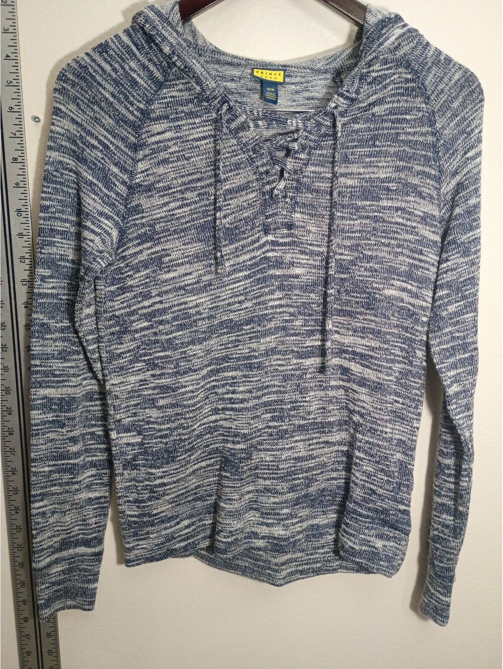 Prince Fox Blue and White Marled Lace-Up Hoodie Sweatshirt Medium
